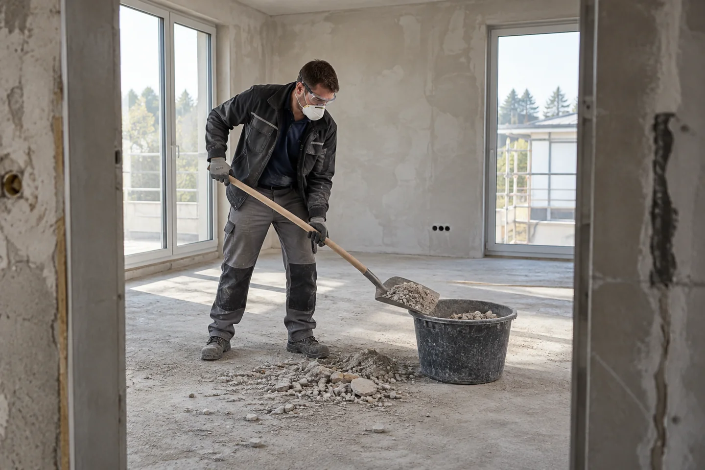 Reinigungskraft entfernt Bauschutt mit einer Schaufel bei der Baugrobreinigung im Rohbau.